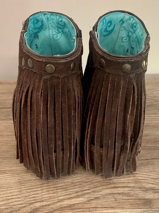 Corral Fringe Brown Leather Booties Studded Side Zip Ankle Boots 7 M - Picture 4 of 14